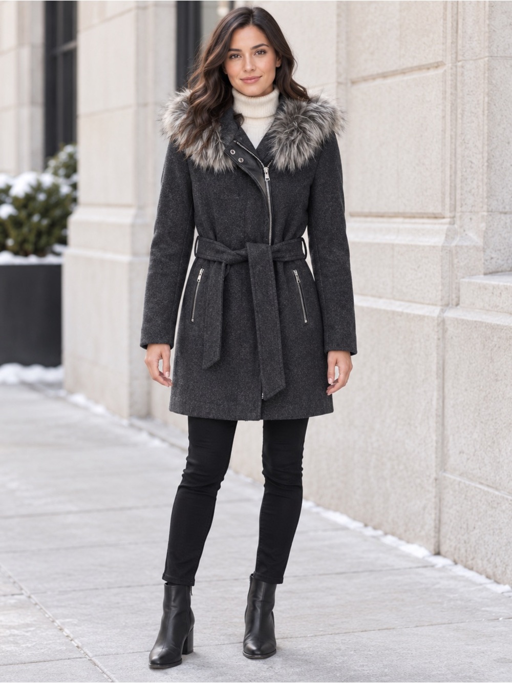 Karl Lagerfeld Paris Gray Wool Blend Faux Fur Hood Belted Coat XS